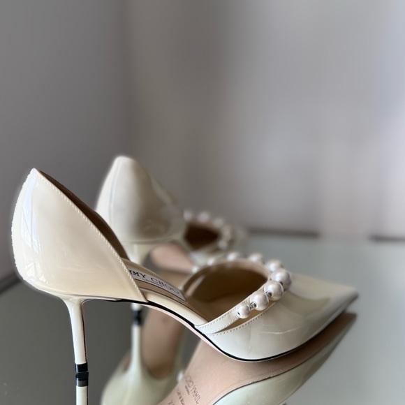 New Jimmy Choo Aurelie 65 Latte Patent Leather Pointed Pumps with Pears $995 - Picture 11 of 14